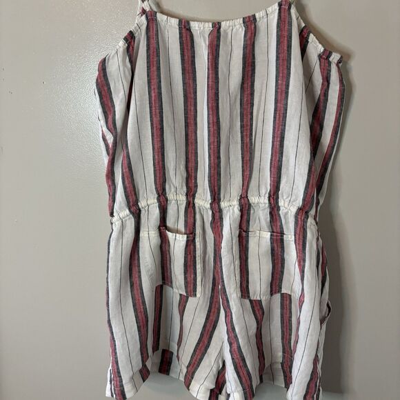 Lou & Grey 100% Linen Romper Sleeveless Shorts Cinch Waist Ivory Red Stripe Sz L - Picture 7 of 9